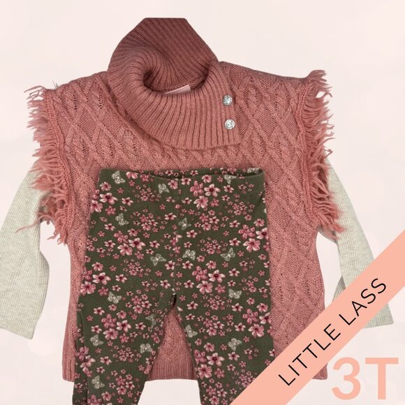 Little Lass 3T Girls’ Fall Outfit – Pink Knit Sweater Vest + Floral Leggings Set - Picture 1 of 5